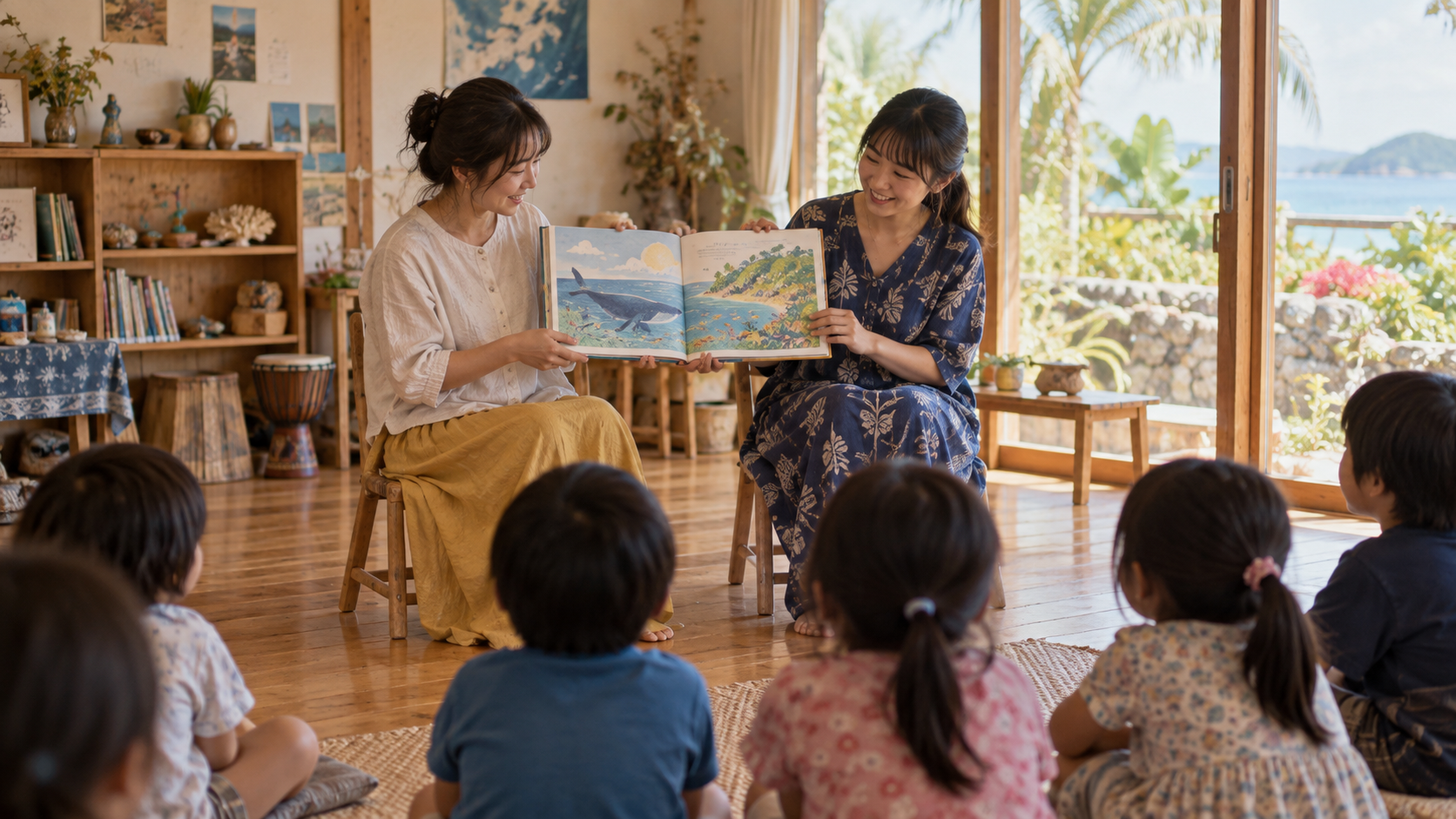 二人の女性が絵本を読み聞かせる様子の絵コンテ画像
