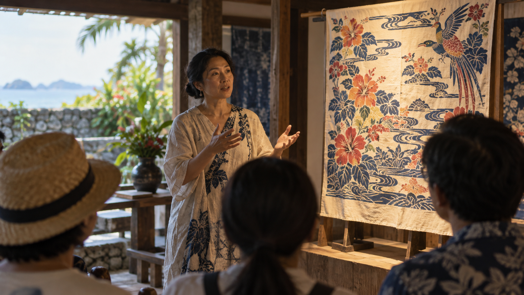 紅型作品の横で出演者が語る様子の絵コンテ画像
