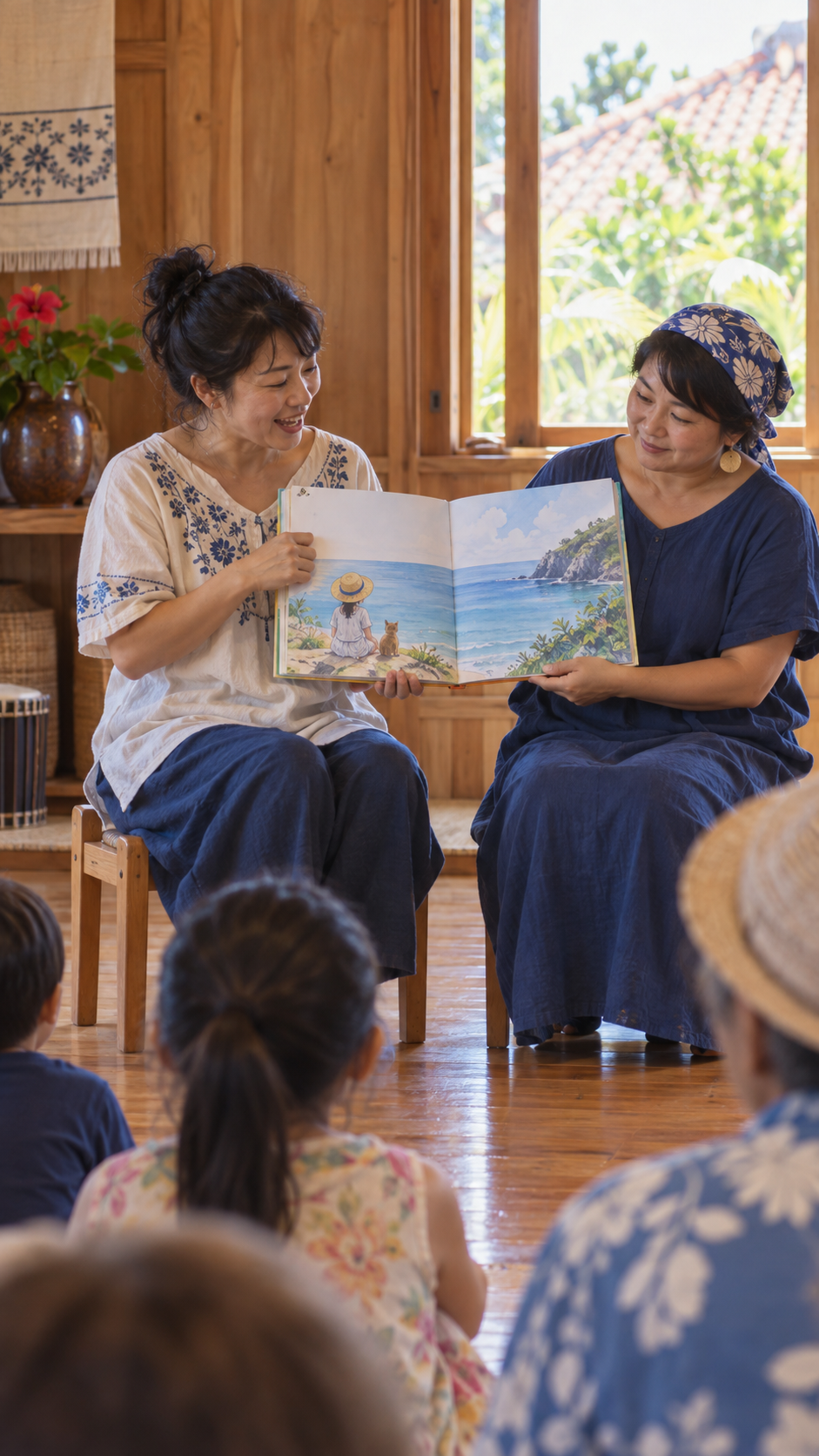 二人の女性が絵本を読み聞かせる会場のイメージ